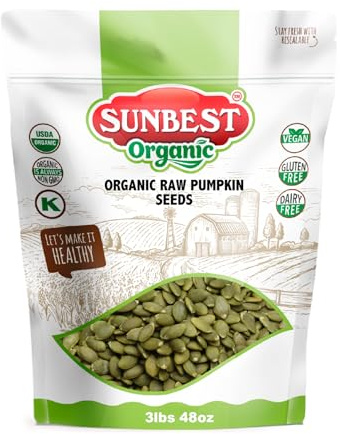 Sunbest Natural Organic Raw Pumpkin Seeds 48 oz (3 lb Bulk Bag) – USDA Organic, Unsalted Shelled Pepita Seeds – Gluten-Free, Non-GMO, Vegan, Kosher