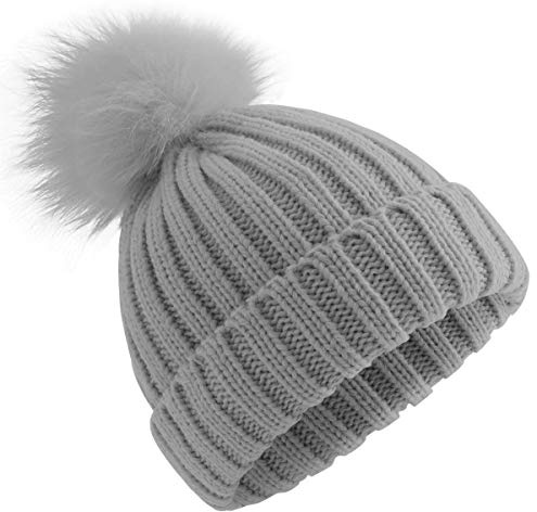 feifanshop Damen Echtfell Fuchspelz Fell Pelz Bommel Strick Mütze Winter-Mütze Bommelmütze