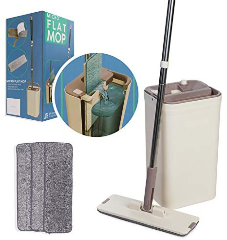 JFB Home Products Micro Flat Mop & Bucket System, Hands-Free Wringing Floor Cleaning, 3 Washable & Reusable Microfiber Pads, Wet or Dry Usage on Wood, Marble, Tile, Laminate, Ceramic and Vinyl Floors