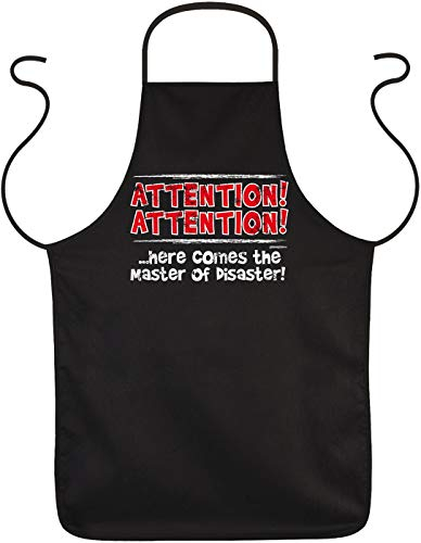 Herren Grillschürze Schürze - Attention The Master of Disaster - Kochschürze schwarz Küchenschürze lustig Vatertag oder GeburtstagsGeschenk für Männer