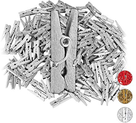 Relaxdays Holzklammern Mini, 144er Set, Hochzeiten, Feiern, Fotos aufhängen, Geschenke verzieren, basteln, DIY, silber