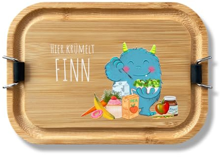 LOOXIS Personalisierte Edelstahl Lunchbox mit Holzdeckel für Kinder mit Namen & Motiv bedruckt – 800ml, inkl. Abtrennung, Auslaufsicher, Bento-Box – Geschenkidee Jungen, Mädchen, Einschulung – Monster