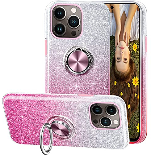 Kompatibel Mit iPhone 13 Pro Hülle,3 In 1Glitzer Diamant Silikon Cover Handyhülle,360° Verdrehbare Ring Für Magnetischen Autohalterungen,Geeignet Für iPhone 13 Pro Hülle-Rosa