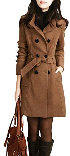Womens Wool Blend Pea Coat Casual Winter Jacket Double Breasted Lapel Trench Coats with Belt