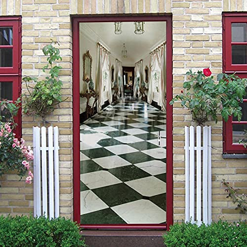 LuSeven stickers paroi de douche Couloir sol noir et blanc 90x200cm(35.43 inches * 78.74 inches) 3D Papier Peint pour Porte Imperméable Stickers de Porte, Vinyle Porte Stickers Muraux Autocollant de P