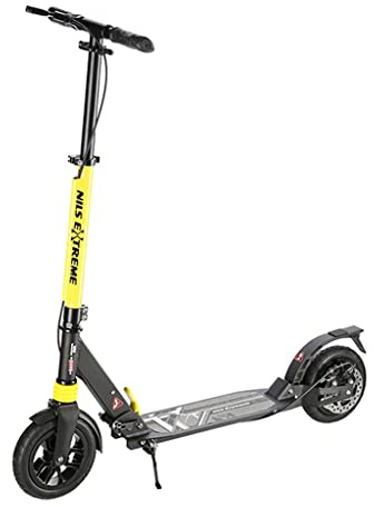NILS Roller mit Ständer - Tretroller mit Aufblasbaren Räder – Klappbarer City-Roller aus Aluminium – Tret-Roller mit manuellen Hinterradbremse - Räder 200mm - Grau und Gelb