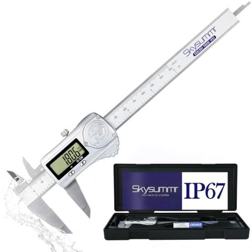 Skysummr Electronic Digital Vernier Caliper Measuring Tool IP67 Waterproof Stainless Steel Rating - 6 inch/150mm Large LCD Screen，Quick Change Button for Inch/Millimeter (Sliver - 6)