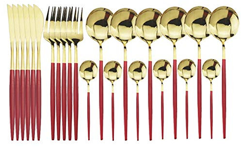 24 stücke Gold Geschirr Set 18/10 Edelstahlbesteck Set Gabelmesser Löffel Geschirr Set Flatware Set Silberwaren Set essgeschirr (Color : Red Gold)