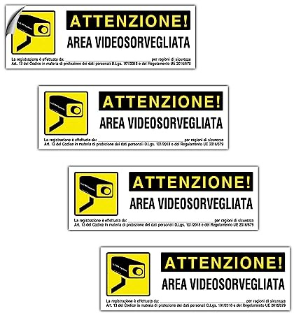 EVM 4 Cartelli Videosorveglianza Adesivi Area Videosorvegliata in PVC Morbido impermeabile piccoli (4-150x50 mm)