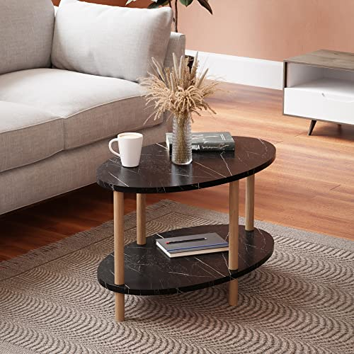 [en.casa] Mesa de Centro Ovalada Højreby con Estante y 4 Patas Mesa Auxiliar Mueble de Salón Oficina Aglomerado/Madera de Haya 43 x 70 x 44 cm - Efecto mármol, Negro