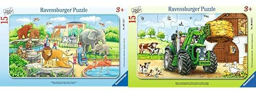 Ravensburger Kinderpuzzle - 06116 Ausflug in den Zoo - mit 15 Teilen & Kinderpuzzle - 06044 Traktor auf dem Bauernhof - Rahmenpuzzle für Kinder ab 3 Jahren, mit 15 Teilen