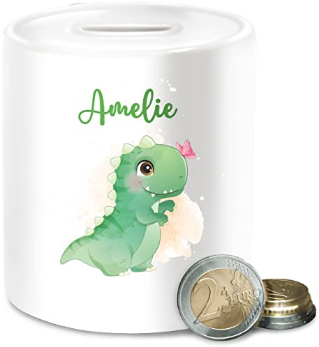 Spardose - Geschenk Dino mit Name personalisiert I Saurier I Dinos I Dinosaurier I Urzeittier - Unisize - Weiß - Kinder personalisierte Tier Tieren spardosen für wiederverschließbar Junge