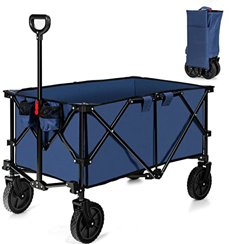 COSTWAY Folding Camping Wagon, Collapsible Beach Garden Trolley with Cup Holders and Adjustable Handle, Canvas Transport Utility Cart for Shopping Gardening Sporting Events (Navy Blue)