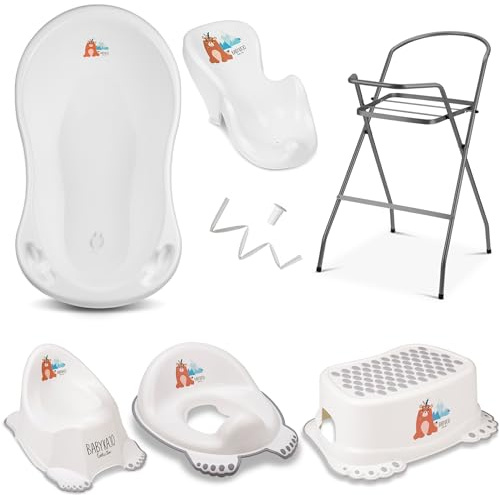 Vasca da bagno per bambini con struttura, set da 7 pezzi, certificazione TÜV Rheinland, vasca da bagno + seggiolino per vasca da bagno + supporto + scarico + vasino + sgabello + sedile WC per bambini