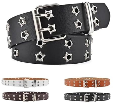 GIMIRO Punk Gürtel Damen Gürtel für Jeans, Bund für Mantel, Hohlnietengürtel,Doppelreihe von Sternlöchern,Stabile quadratische Schnalle mit 2 Pins (Black)