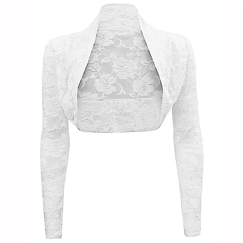 Buliezy Dam spetsbolero långärmad kofta Shrug kort axeljacka genomskinlig blommor cardigan topp, Vit, XL