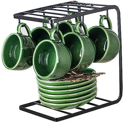 vicrays Set di 6 tazzine da caffè espresso in ceramica, con piattini, cucchiai e supporto in metallo, per tè, cappuccino, latte, 113,4 g, colore: verde