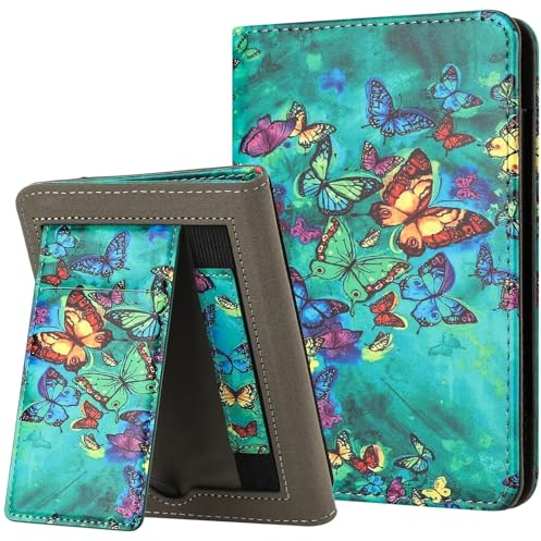 MOKASE Hülle für 6 Zoll Kindle Paperwhite 5/6/7. Generation 2012,2013,2015,2016 (Modell: EY21/DP75SDI), Schlau Schlaf/Aufwach mit Handschlaufe & Kartenfach für Kindle Paperwhite, Green Butterflies