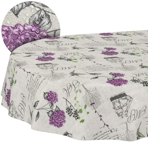 ANRO Tischdecke abwaschbar Hortensien Lila oval 180x140 cm Gartentischdecke | Tischwäsche aus beschichtetem Stoff – schmutz- & wasserabweisend, pflegeleicht – waschbar bei 30 °C