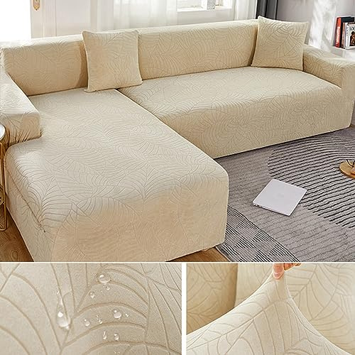 Sofabezug Wasserdicht Sofaüberwurf Elastische Stretch Sofabezüge Ecksofa L Form Rechts Links Chaiselongue Sofa Überzug Universal 1/2/3/4 Sitzer Waschbar Anti-Rutsch Couchbezug,Beige-3seats+3seats