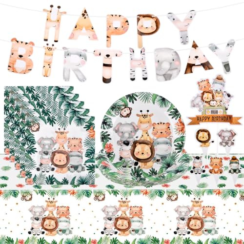 BATINO Dschungel Safari Partygeschirr Set, 67 Stück Safari Geburtstagsdeko Pappteller Dschungel Geburtstag Servietten Tischdecke und Banner für Deko Junge, Wild One Geburtstag Deko