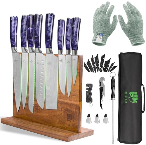 FULLHI Juego de 15 Cuchillos Japoneses con Portacuchillos Magnético, Hojas de Acero Inoxidable Japonés, Mangos Ergonómicos de Resina Púrpura para Cocina Profesional y Casera