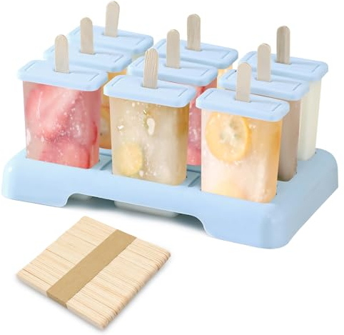 Ice Lolly Moulds 9 Popsicle Moulds with Base and Stickers, Reusable Ice Cream Moulds,Lolly Moulds with Sticks Ideal for Juice Puree Fruit