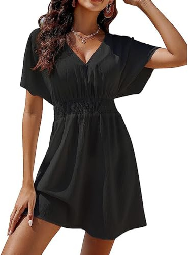 KOEMCY Damen Kleid Lässig Sommerkleid Taille Kleider Bikini Cover Up V-Ausschnitt Rüschen Strandkleid Kurzarm Strandkleider Minikleid (Schwarz,XL)