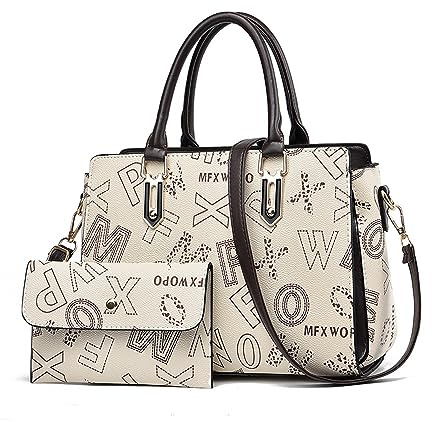 NICOLE & DORIS Handtasche Damen Elegante Tote Bag Mittelgroß Handtaschen Set Geldbörse Schultertasche PU Leder Umhängetasche Bedruckt Henkeltasche für Büro Schule Einkauf Beige mit Kaffee