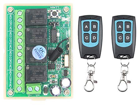 Interruttore radio da 12 V, relè, interruttore remoto, wireless, telecomando, interruttore a 4 canali, trasmettitore 24 VDC, ricevitore con 2 telecomando in metallo per ventilatore da soffitto, porta