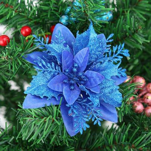 Anevous 30 Stück Simulierte Weihnachten Blumen, Glitzer Künstliche Weihnachtsstern, Deko Blumen Weihnachten Weihnachtsblumen Deko für Weihnachtsbaum, Hochzeit, Ornamente,Blau