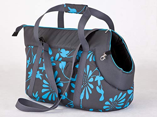 Hundetragetasche – Hundetransporttasche für kleine Hunde und Katzen bis 5 kg - praktische Transporttasche - Hundetasche - 25 x 50 x 27 cm - Blau mit Pflanzen