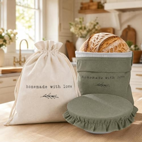 KIBAGA Beautiful Linen Bread Bag Set and Proofing Cover For Homemade Sourdough Bread - Keeps Your Loaf Fresh for Days - Reusable and Easy to Clean Storage Bag, The Perfect Baking Accessories