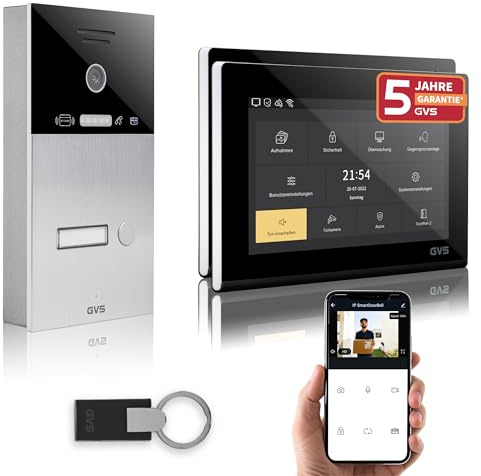 GVS - IP Video Türsprechanlage mit Türöffner, RFID Zugang, HD Kamera, 2X 7 Zoll Monitor & App - Smarte Video Türklingel mit Kamera & Gegensprechanlage für 1 Familienhaus (AVS4085A)