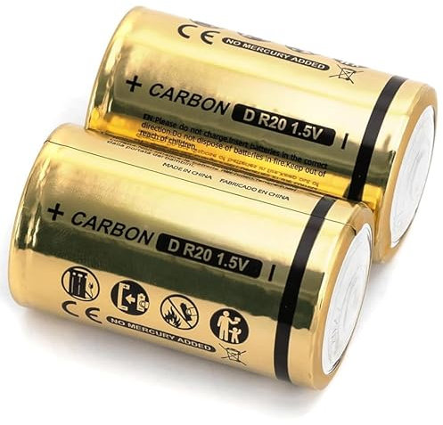 Pila de Carbono-Zinc R20 D 1.5V, 2 Unidades, Ideal para Dispositivos de Baja energía como linternas y Controles remotos.