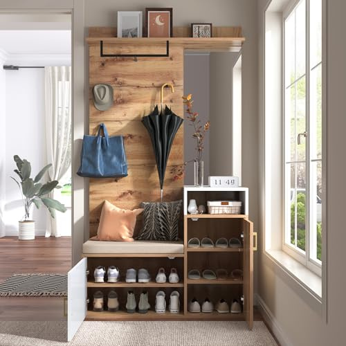Lexiou Elegante set appendiabiti bianco e color legno con specchio, scarpiera, appendiabiti, panca e appendiabiti (deve essere fissato alla parete mediante foratura)