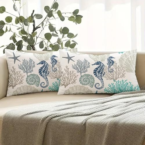 Miuyunya wasserdichte Kissenbezüge Petrol Grün 2er Set Outdoor Ozean Strand Kissen Maritim Seepferdchen Kissenbezug 30x50 Dunkelgrün Kissenhülle Dekorativ für Garten Sofa Wohnzimmer Sommer Frühling