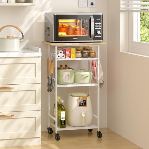 ThreeHio Rolling Kitchen Microwave Cart, 4 Tier Microwave Table Stand with Storage, Kitchen Storage Rack on Wheels, Coffee Station Cart Rack Shelf Organizer for Living Room Office, Balcony
