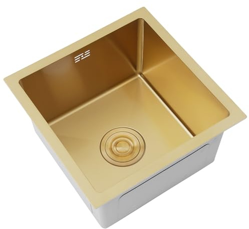 Fregadero Pequeño Dorado Acero Inoxidable,Para Cocina, Minibar Y Lavado De Verduras,Montaje Superior/Inferior,Incluye Kit De Drenaje Y Antisalpicaduras(B,38x38x21cm)
