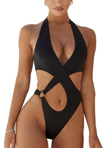 Gofeiibe Women's Sexy Criss Cross Halter Bathing Suit Cut Out Backless Monokini Solid Color One Piece Swimsuits Black XL