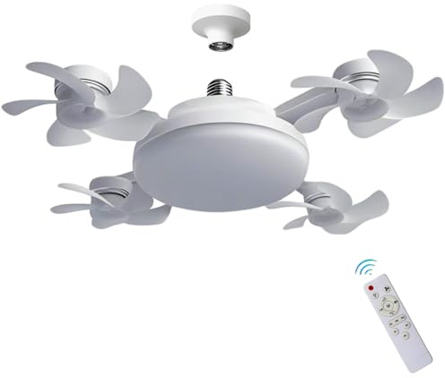 Lampe de ventilateur à douille, ventilateur de plafond à visser avec ampoule à télécommande Dimmable 3 couleurs et 3 vitesses de vent E27 Installation à visser pour chambre à coucher, cuisine (4 Tête)