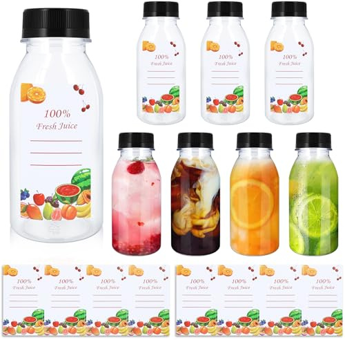FORETOGO 8 Pezzi Bottiglie di Plastica 200ml,Trasparenti Piccole Bottiglie per Bevande con Coperchio Nero e 8 Adesivi,Riutilizzabile Mini Bottiglia di Plastica per Conservare Succhi,Acqua e Bevande