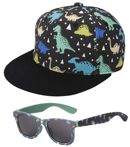 HTTDSLF Cappello Bambino e Occhiali da Sole Bambino Set, Cappellini da Baseball per Bambini, Dinosauro Cappellino da Baseball, Occhiali da Sole Bambini con Protezione UV, per Bambina 2-4 Anni
