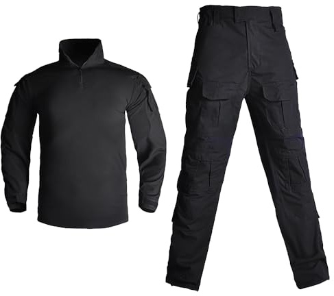 YuanDiann Set di tuta da uomo a maniche lunghe + pantaloni tattici mimetici, da combattimento per appassionati militari, allenamento e airsoft, set tattico multiuso, Nero , XL