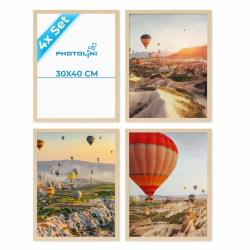 PHOTOLINI Bilderrahmen 30x40 Holz MDF Natur, 4er Set Bilderrahmen 40x30 cm, bruchsicheres Acrylglas, Rahmen 30 x 40 zum Aufhängen, extra Zubehör - Picture Frame 30x40 für Fotos & Poster