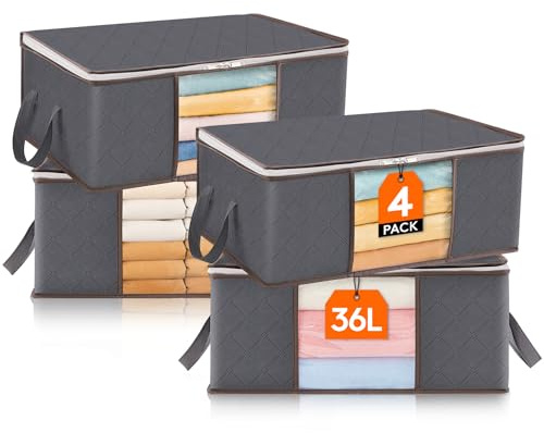Lifewit 4-Pack Förvaringspåsar för Kläder 36 L, Hopfällbar Förvaringslåda, Förvaring under Sängen, Förvaringspåse för Kläder, Täcken, Flytt, Grå