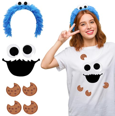 krümelmonster kostüm Damen, Krümelmonster Cookie Haarreif aus blauem Plüsch mit Kulleraugen, Accessoires mit Keks Augen Mund aufkleber, Haarschmuck für Erwachsene, für Fasching Mottoparty Kostüm