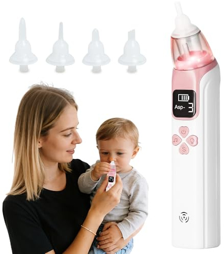 SGZIOO Aspirador nasal eléctrico para bebé, aspirador nasal eléctrico con 3 varillas de succión, 4 puntas de silicona, música, luz, aspirador nasal para recién nacidos, niños pequeños, bebés, color