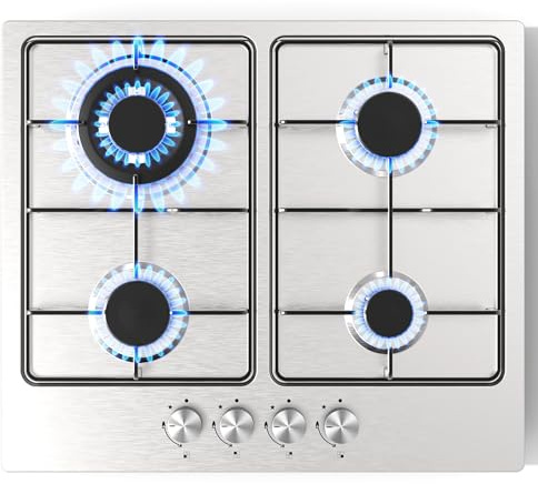 Traenvir Built-in Gas Hob, 7800W 4 Burners Stainless Steel Cooktop with Flame Failure Device, LPG/Natural Gas Convertible, 60 cm