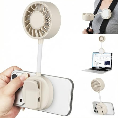 Foluu Handheld Fan with Clip & Stand - 1800mAh Battery Portable Mini Fan for Pushchair, Strong Airflow Desk Fan with Magnetic Phone Holder, Flexible Neck for Travel, Office, Baby (Beige)
